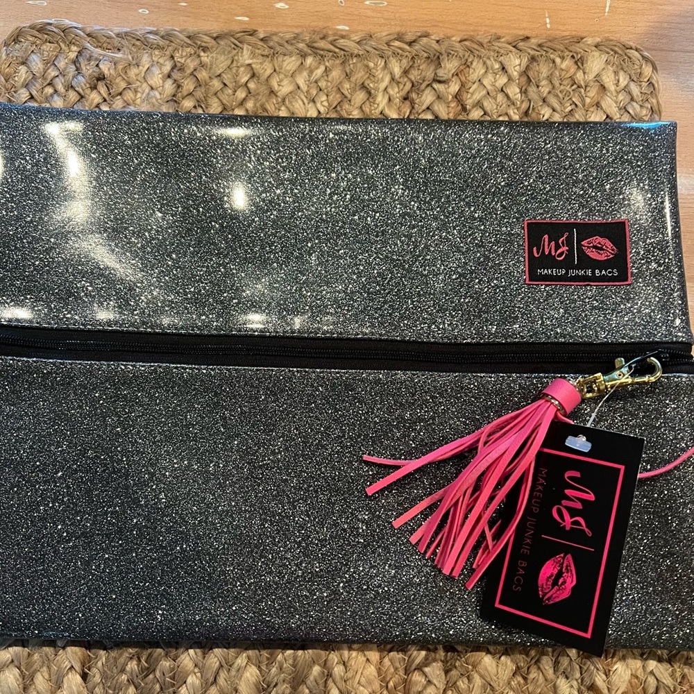 Makeup Junkie Bag Graphite Grey Glitter Clutch - Large